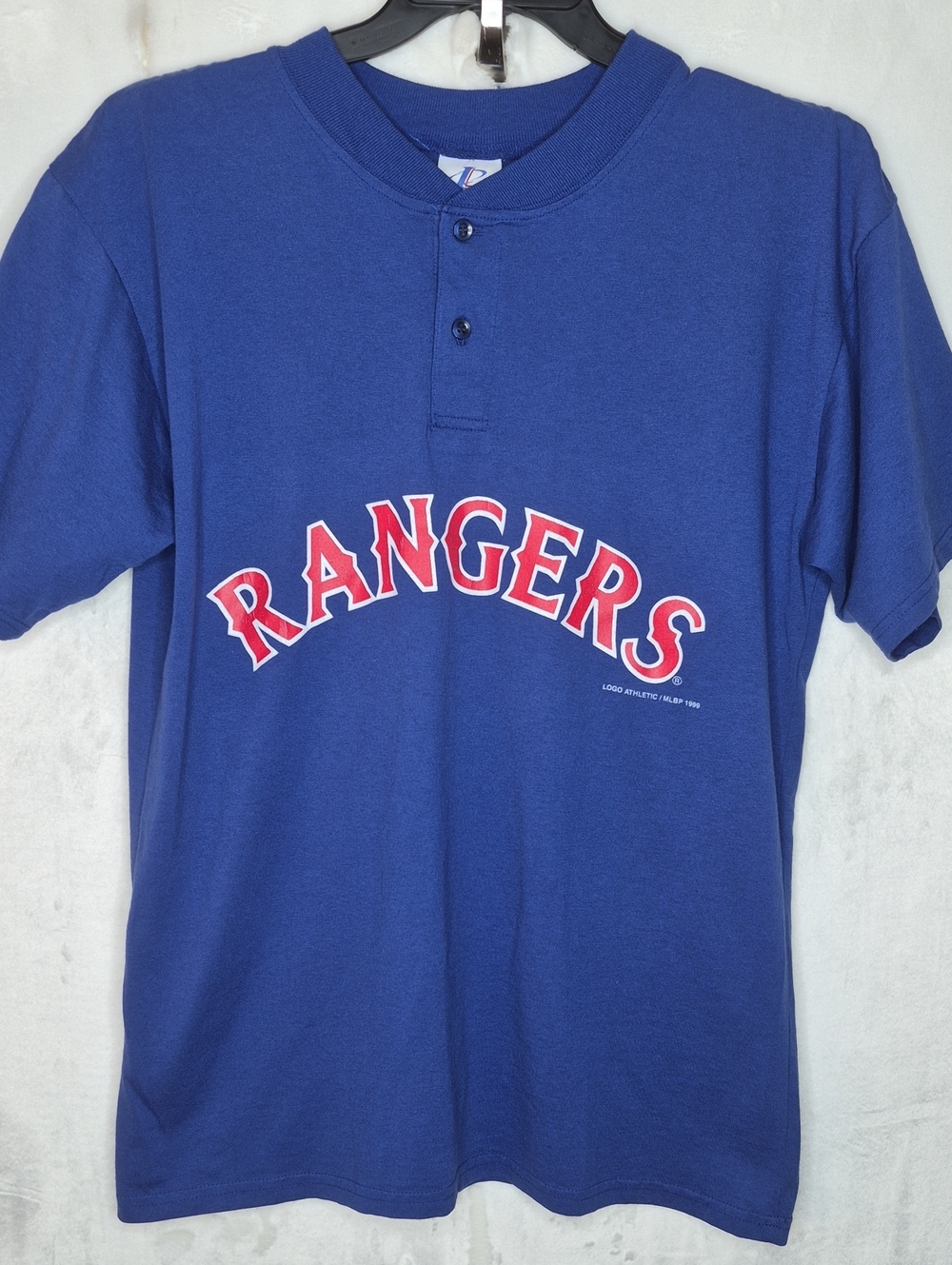 Vintage 90s Logo Athletic Texas Rangers Henley Graphic Tee Shirt L/XL Royal